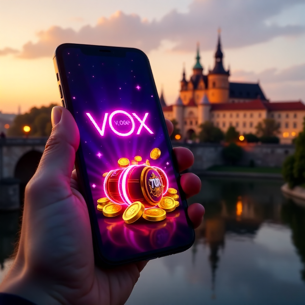 A hand holding a premium smartphone showing Vox Casino app, background featuring the Wawel Royal Castle in Krakow at golden hour, official brand neon purple and deep black colors, 3D golden coins and neon slot symbols flying out of the screen, hyper-reali